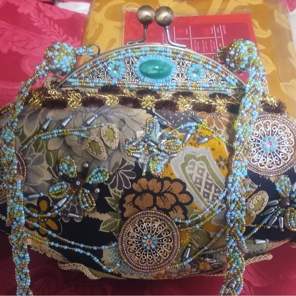 Mary Frances Beaded Floral Clutch in Black, Turquoise & Gold